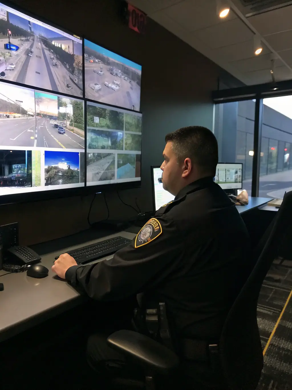 A security guard monitoring CCTV footage in a control room, ensuring constant surveillance and rapid response to any security breaches.