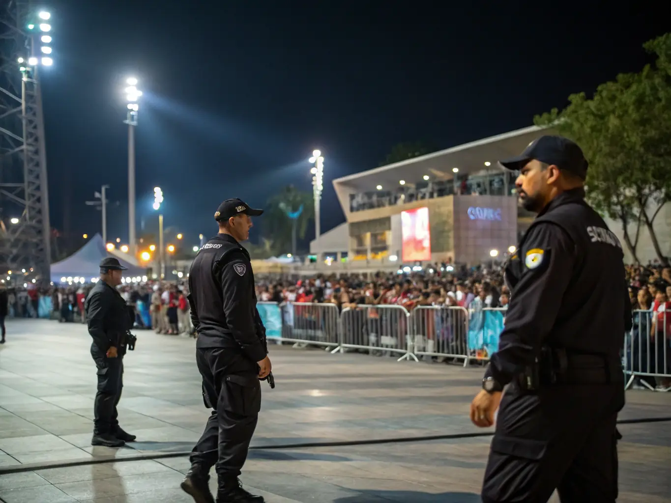 A security team managing crowd control and access at a large outdoor event, ensuring the safety of attendees.
