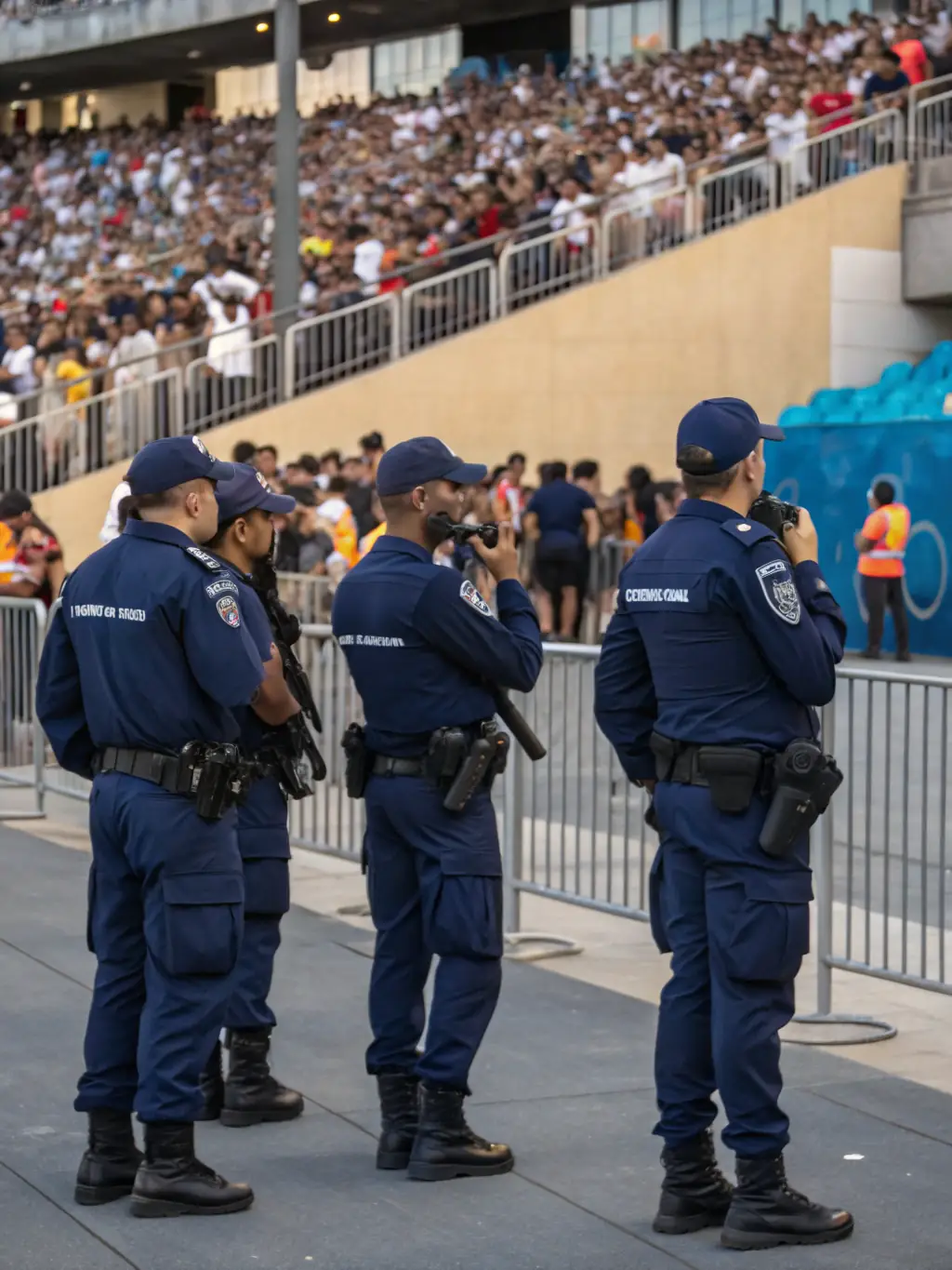 A security team managing crowd control at a large outdoor event, ensuring the safety and order of attendees.