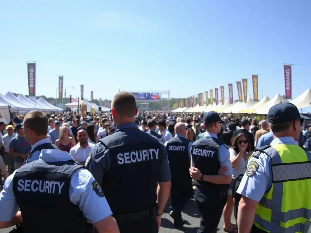 A large outdoor event with security staff managing crowd control and access points.