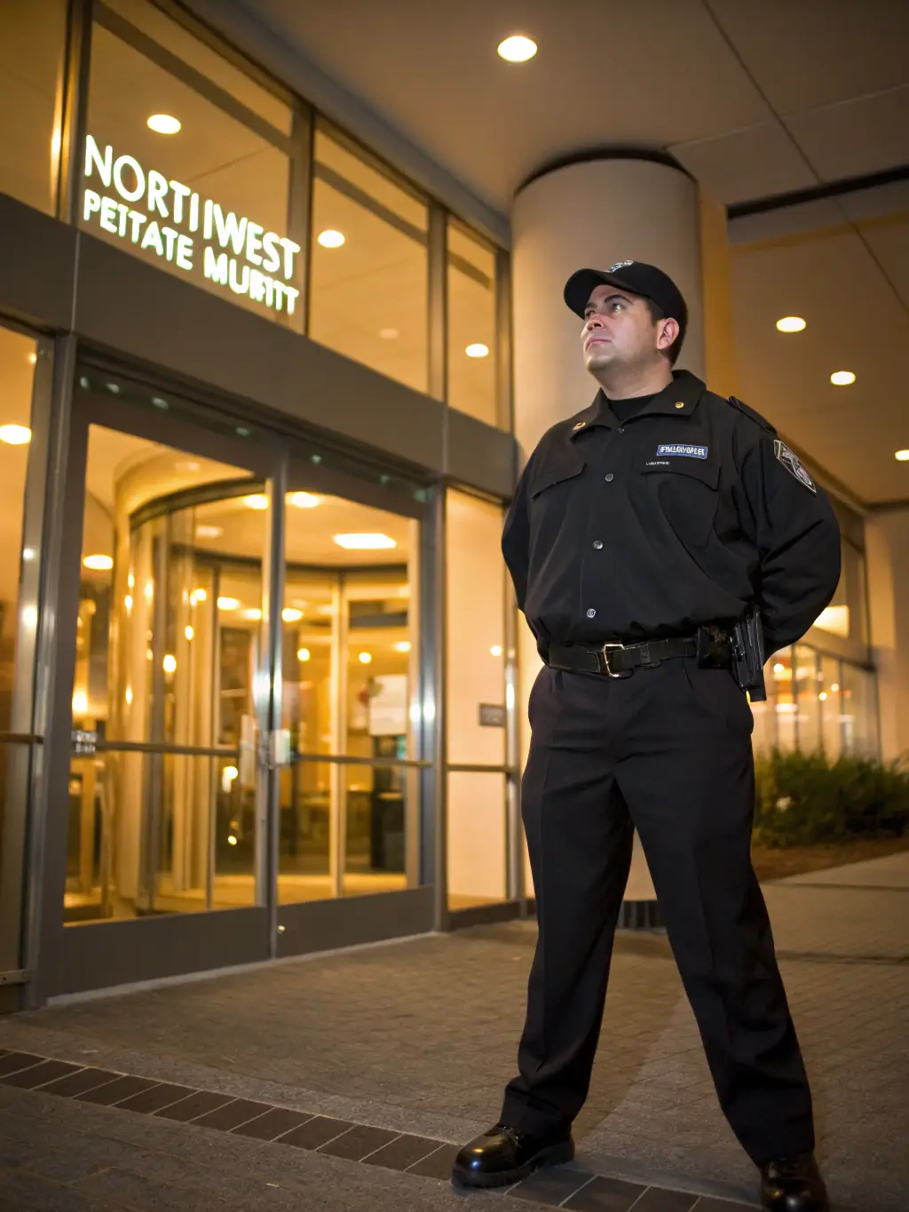 A high-resolution image depicting a security guard in uniform, standing confidently in front of a modern office building during daylight, symbolizing reliability and professionalism.