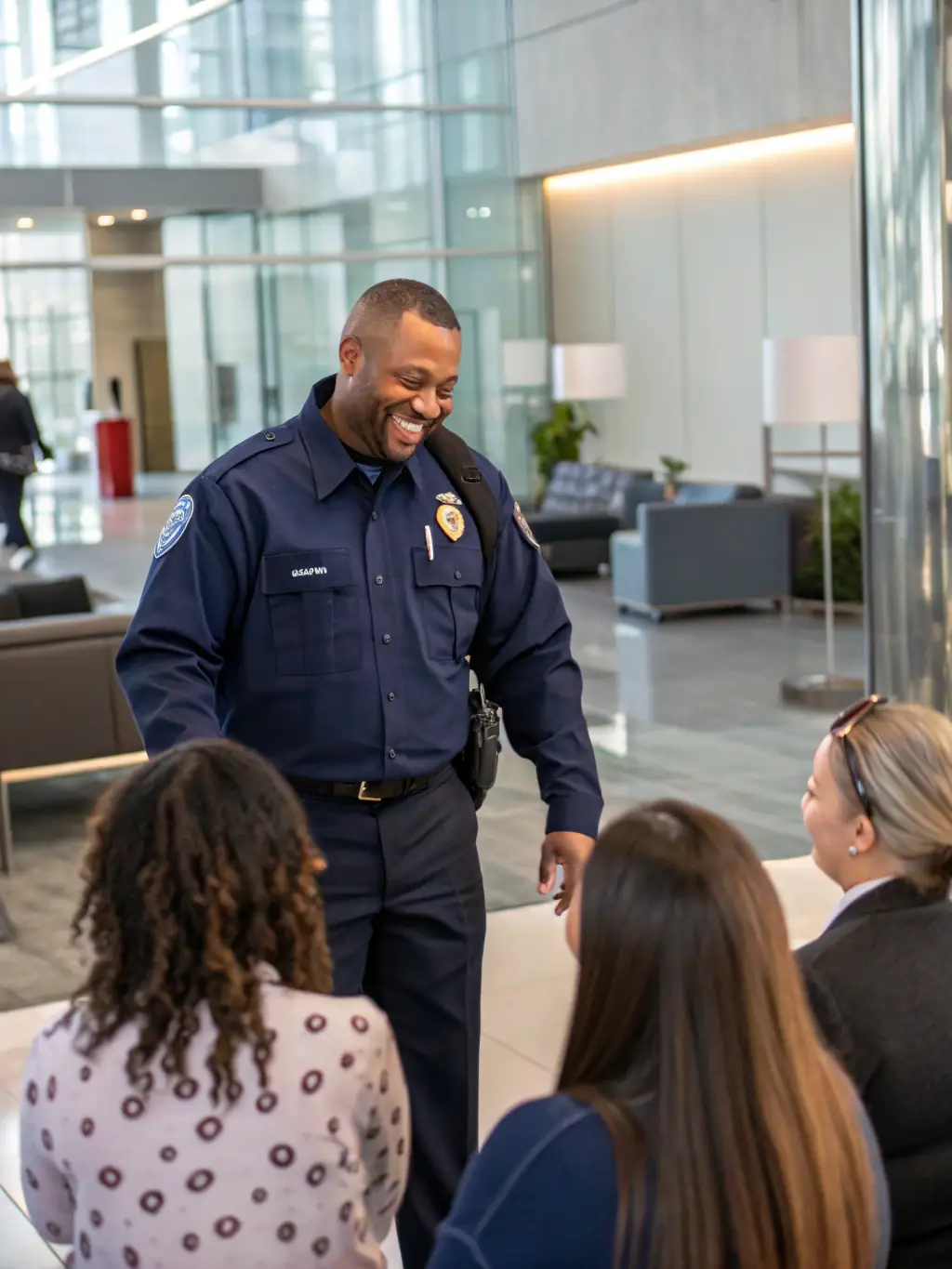 A close-up shot of a security professional interacting politely with an employee at a corporate reception desk, showcasing their professionalism and customer service skills.