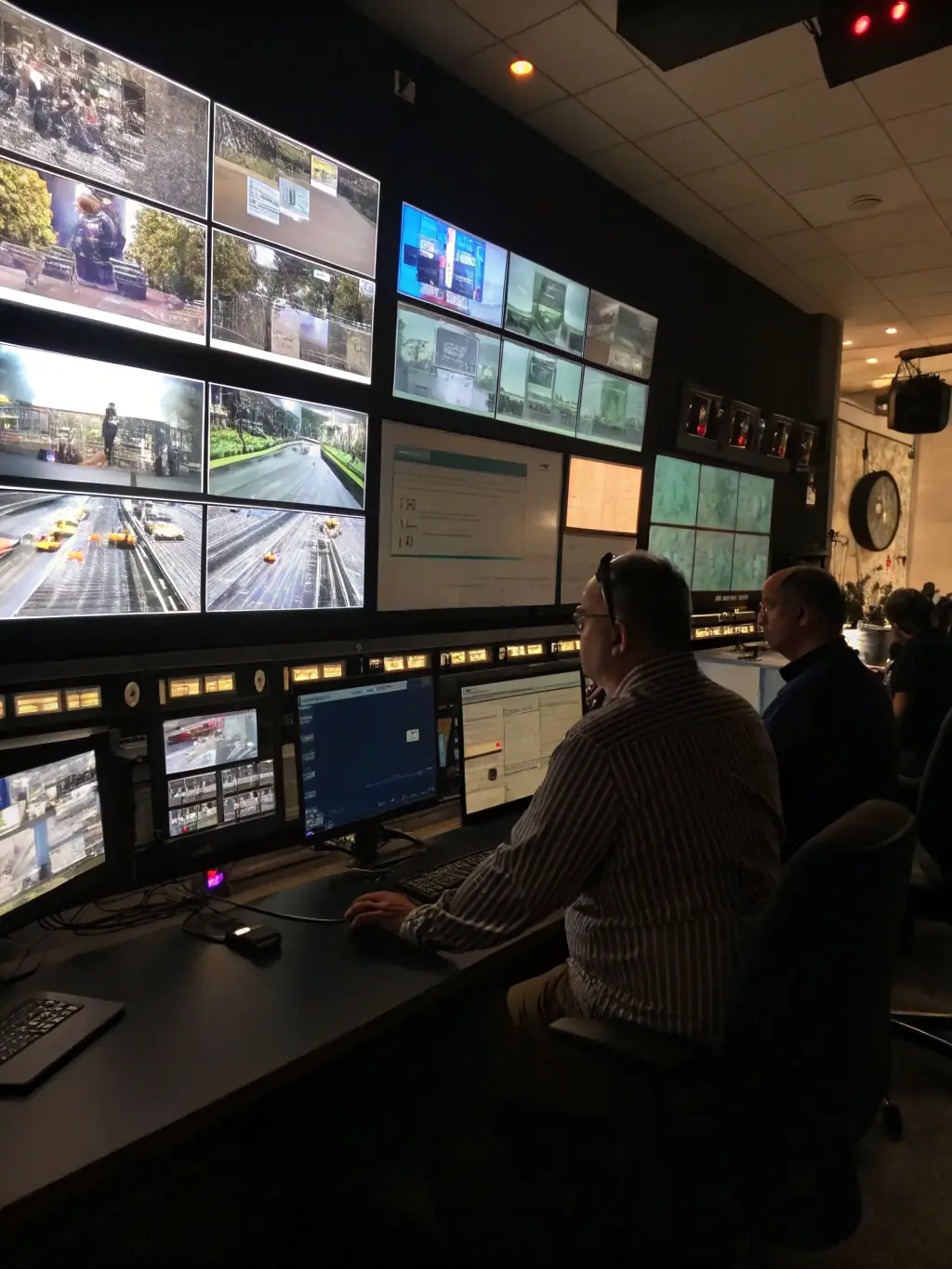 A security operator monitoring multiple CCTV screens in a control room, providing continuous surveillance and reducing theft.