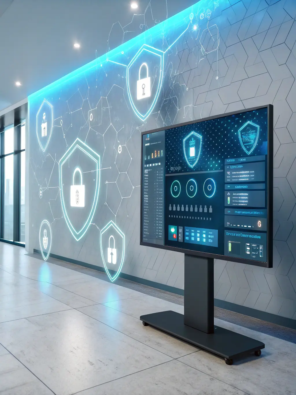 A graphic illustration showing a security plan being customized on a tablet, with various security icons and building blueprints in the background, representing customized security solutions.