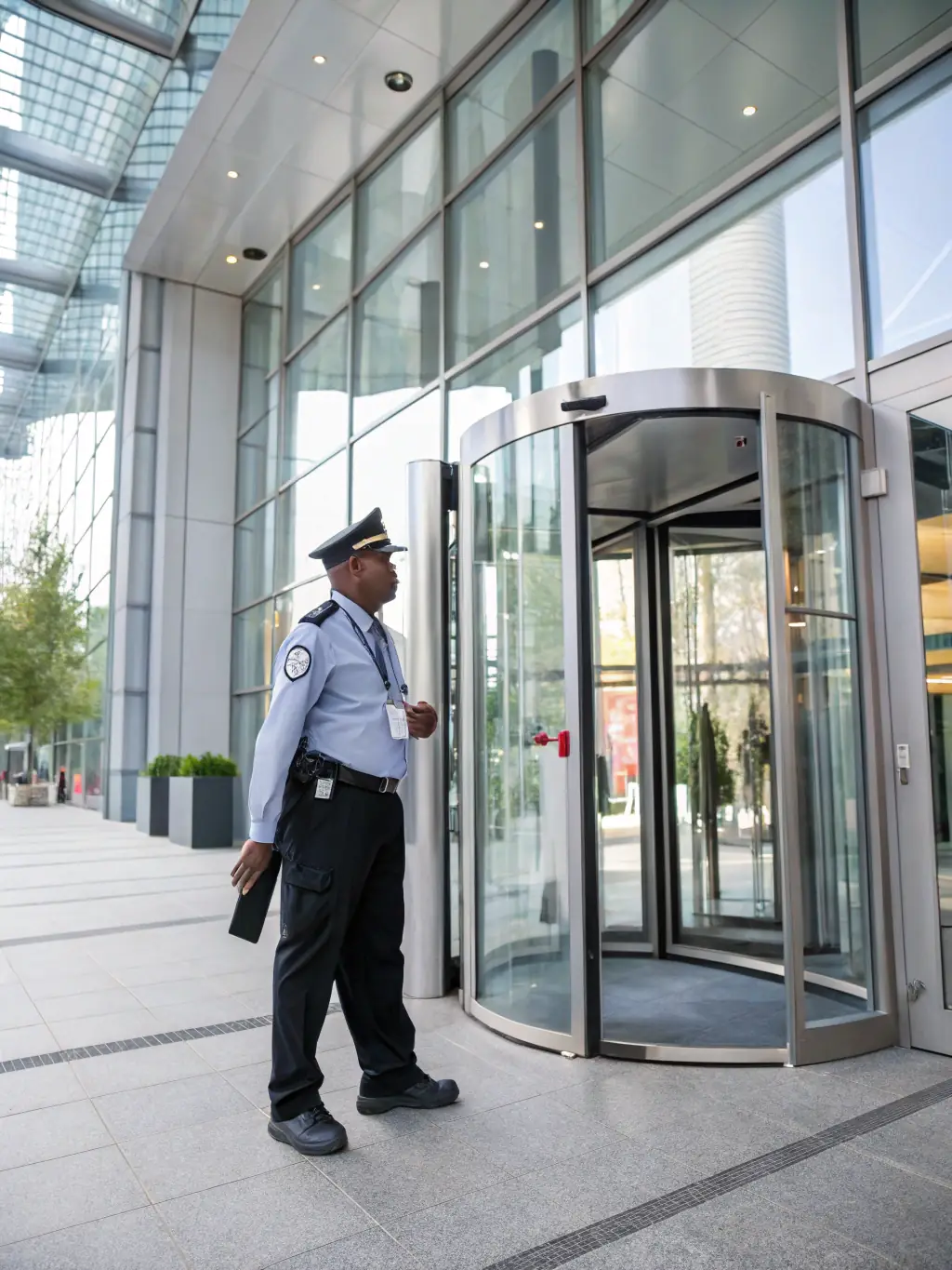 A uniformed security guard patrolling a commercial building entrance at dusk, ensuring safety and deterrence.