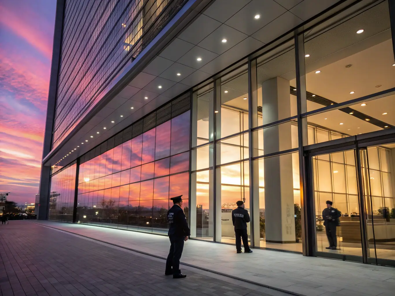 A modern office building with security guards patrolling the entrance.