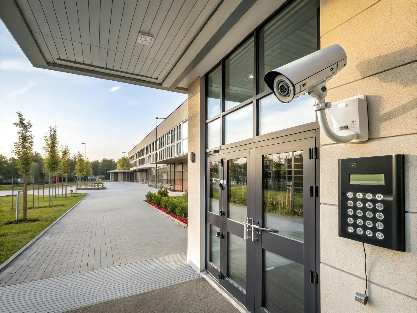 A school campus with security guards monitoring entrances and exits to ensure student safety.