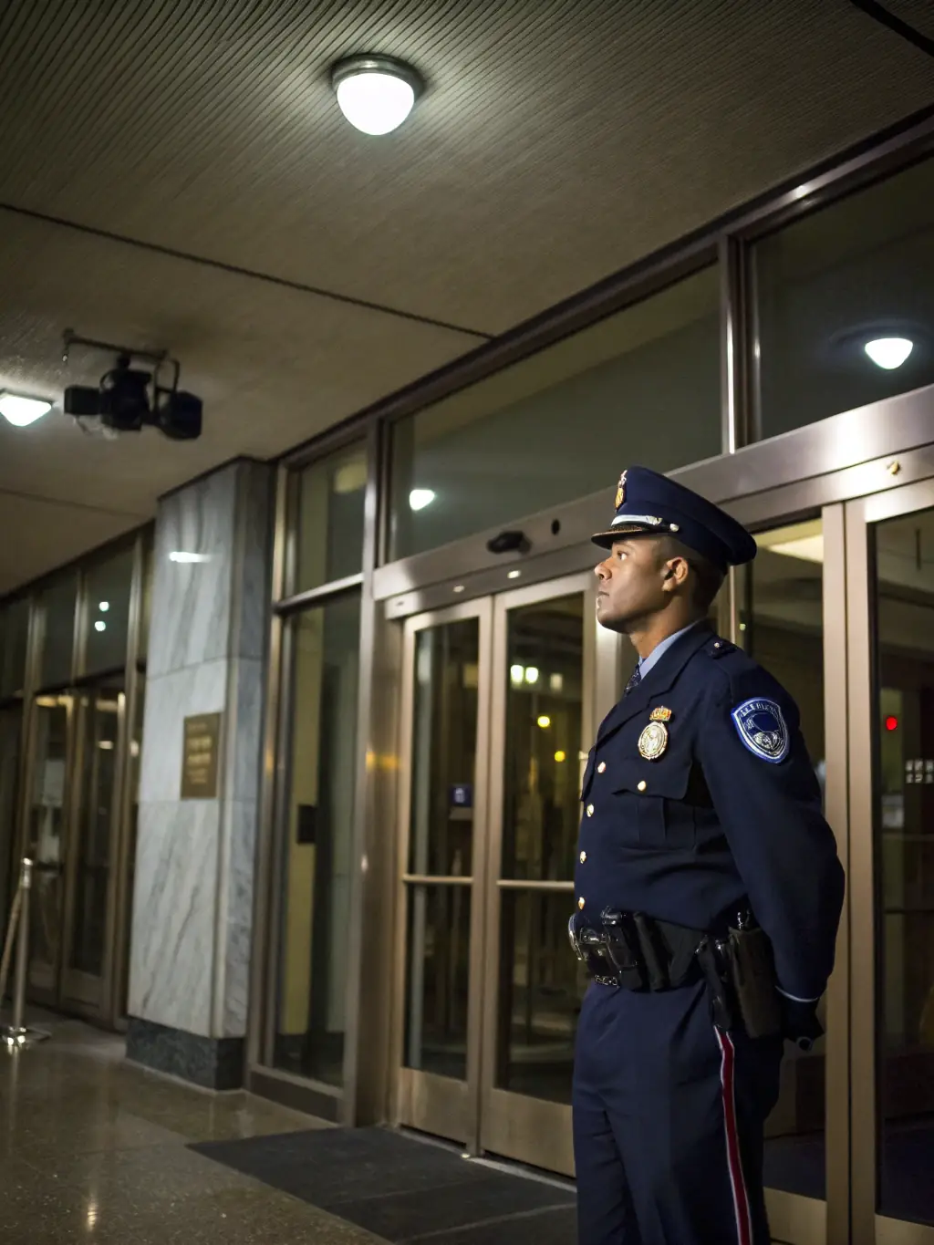 A security guard standing watch outside a modern office building at night, ensuring the safety of the commercial property.