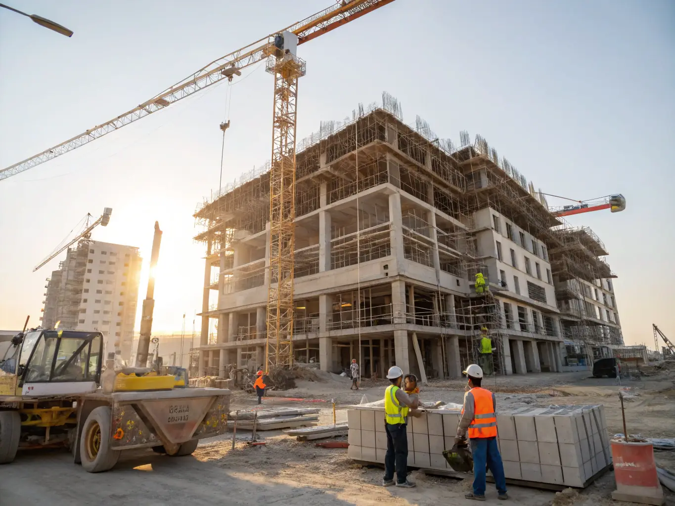 A construction site with security guards monitoring the area and equipment.