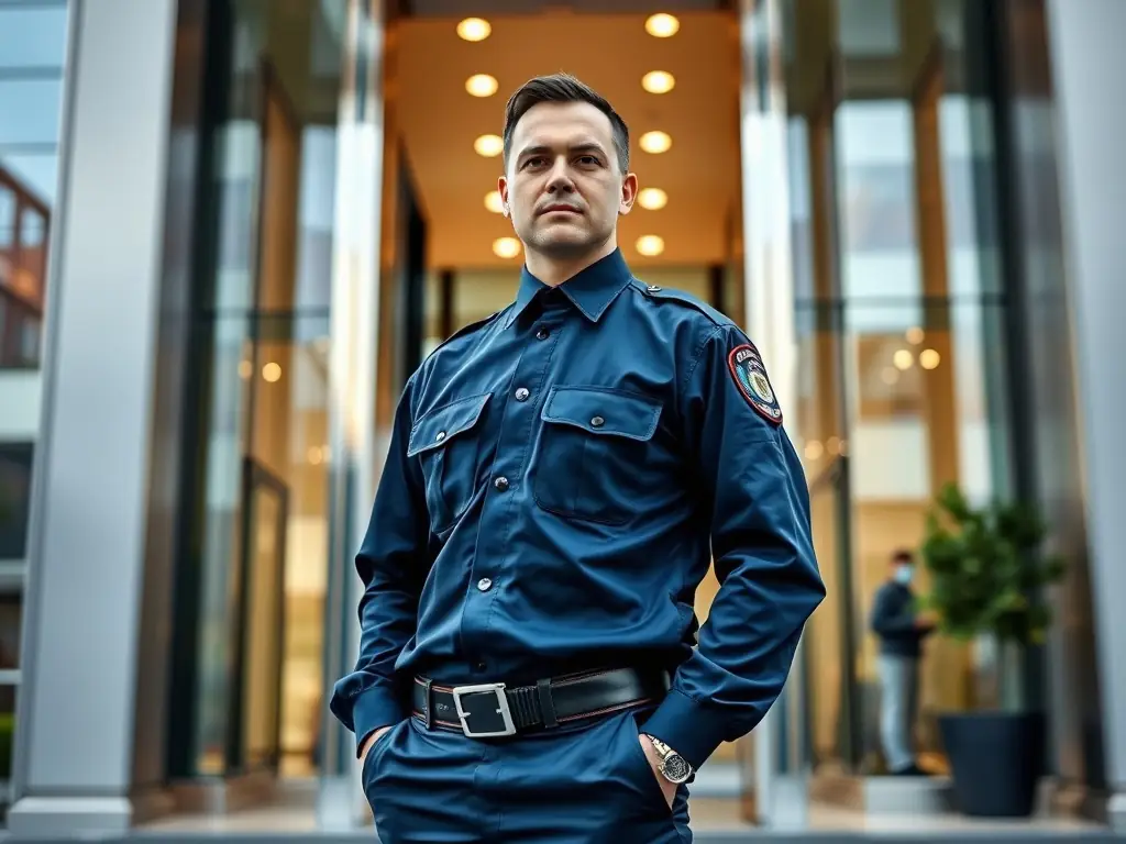A uniformed security guard standing watch outside a commercial building at night, ensuring safety and deterrence.