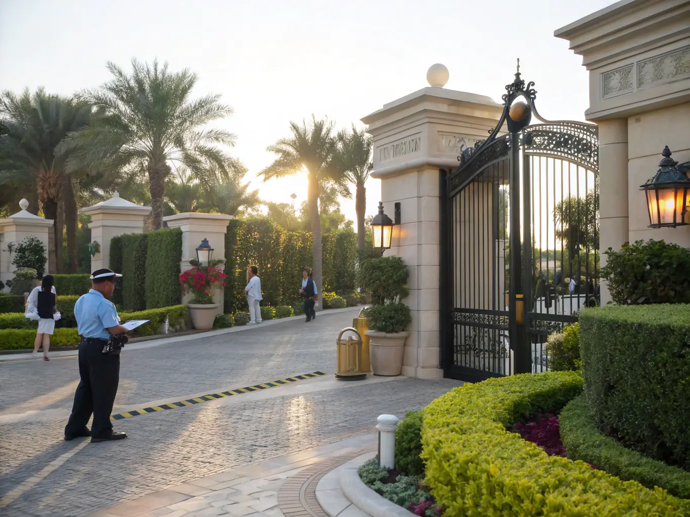 A gated residential community with security personnel monitoring the premises.