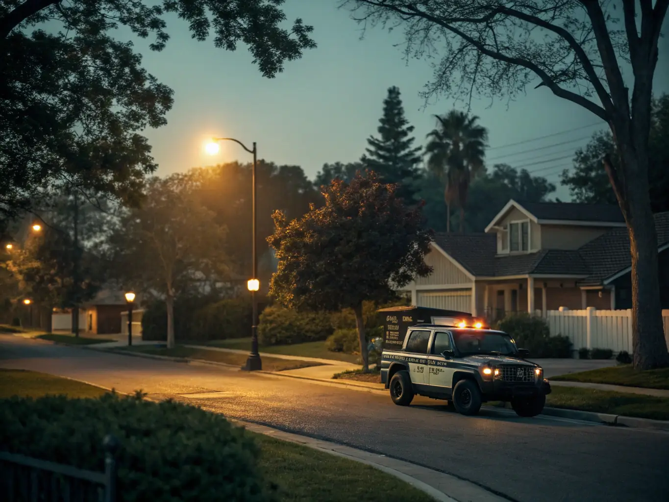 A security vehicle patrolling a residential neighborhood at night, providing a visible presence and deterring potential threats.