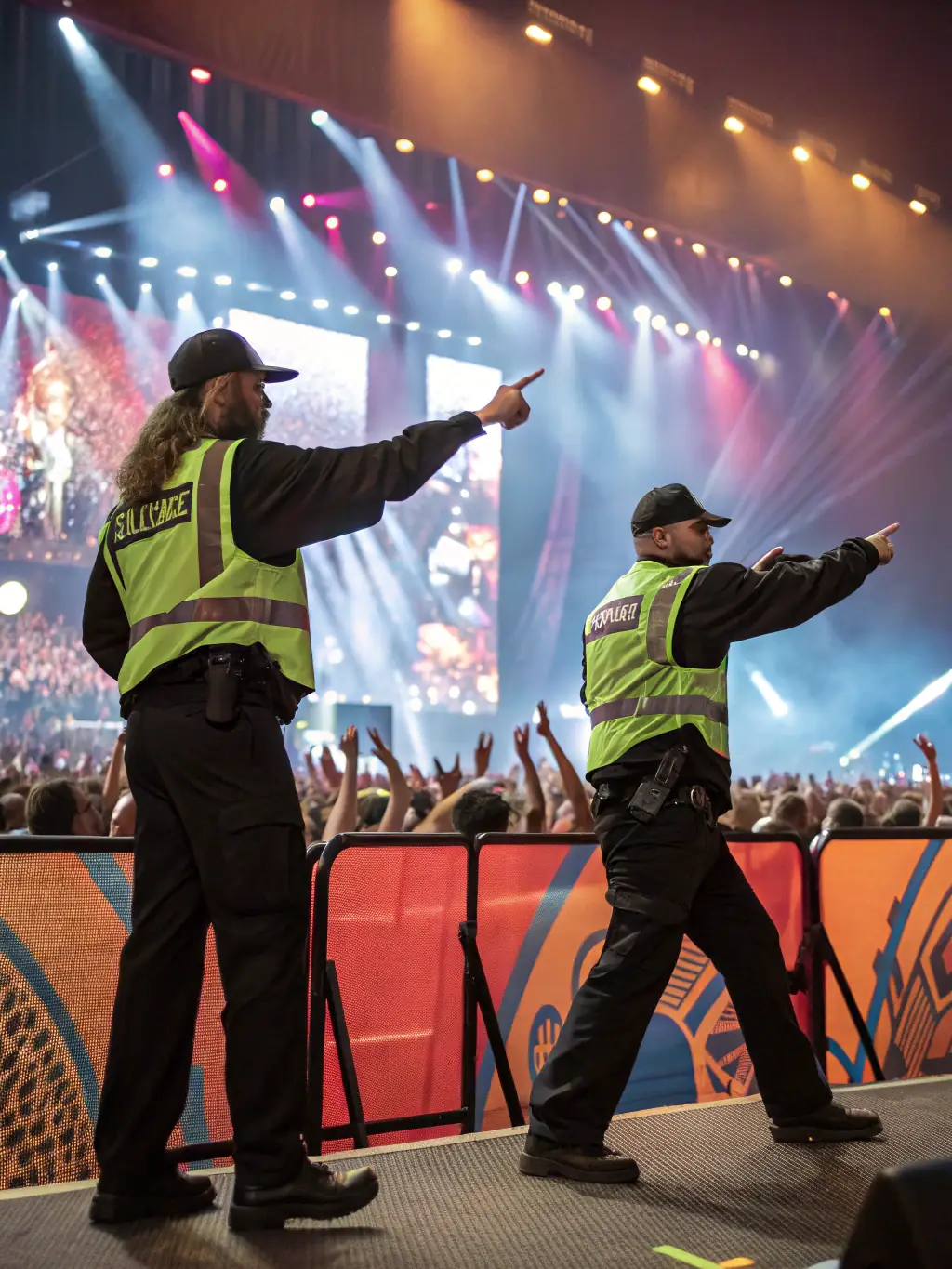 Security personnel managing crowd control at a large outdoor event, ensuring smooth and safe operations.